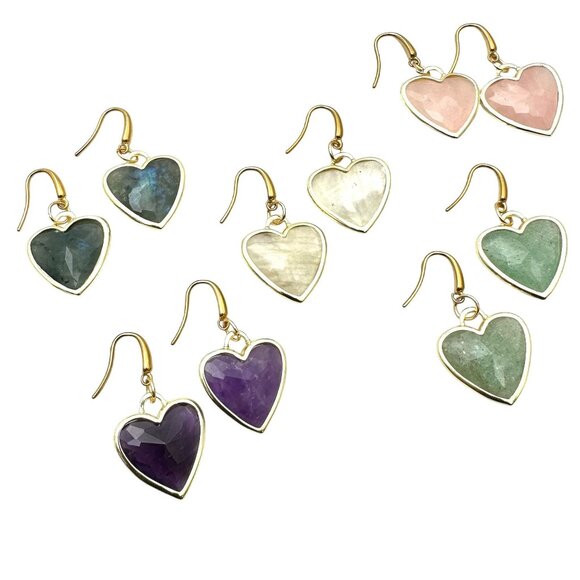 Womens Labradorite Gemstone Heart Gold Plated Earrings Pierced Chandelier - Picture 4 of 6